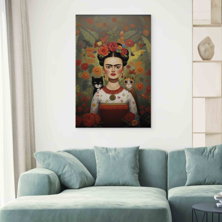 Large canvas print Cartoon Frida - A Colorful Portrait of the Artist With Two Cats [Large Format] 152212 additionalImage 4