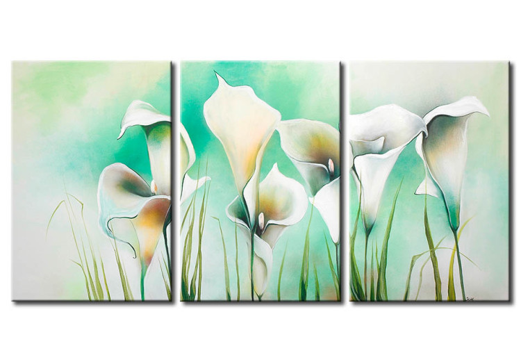 Canvas Art Print Delicate Turquoise Meadow (3-piece) - floral motif with callas 46612