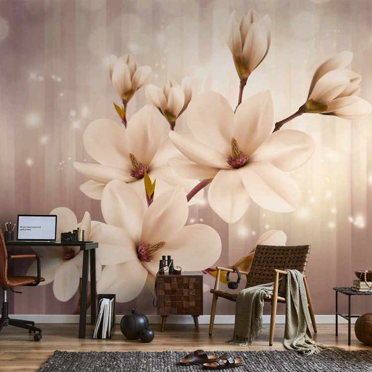 Wall Mural White magnolias - flowers on a background of lights with a pattern of purple stripes 66212 additionalImage 4