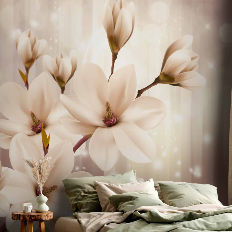 Wall Mural White magnolias - flowers on a background of lights with a pattern of purple stripes 66212 additionalImage 2