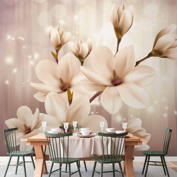 Wall Mural White magnolias - flowers on a background of lights with a pattern of purple stripes 66212 additionalImage 6