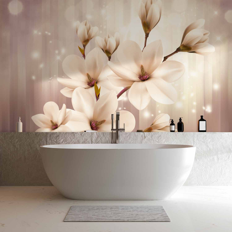 Wall Mural White magnolias - flowers on a background of lights with a pattern of purple stripes 66212 additionalImage 8