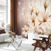 Wall Mural White magnolias - flowers on a background of lights with a pattern of purple stripes 66212