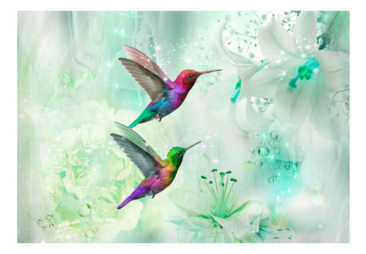 Wall Mural Coloured hummingbirds - motif of multicoloured birds in green patterns 107622 additionalImage 1