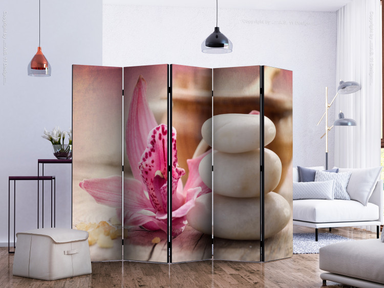 Room Separator Aromatherapy II - tower of stones next to a pink plant in Zen motif 114022 additionalImage 2