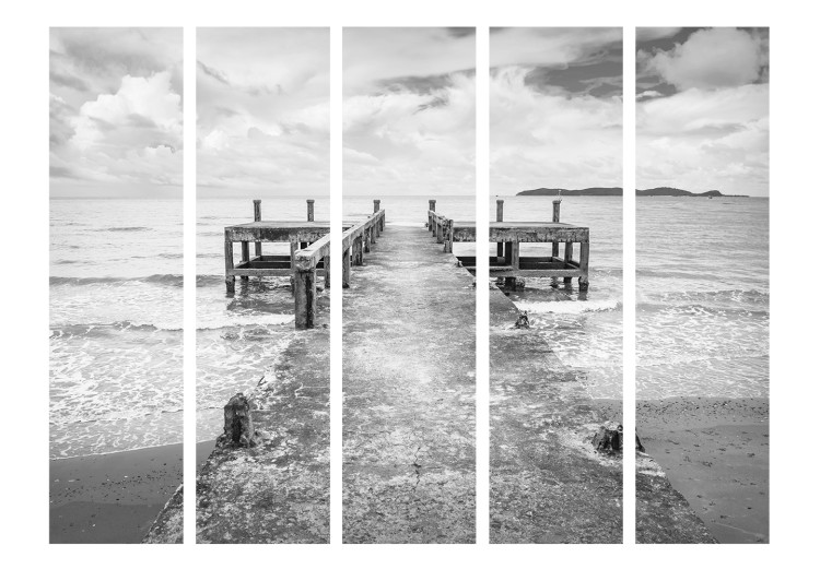 Folding Screen Concrete Pier II (5-piece) - black and white sea and sky in the background 124122 additionalImage 3