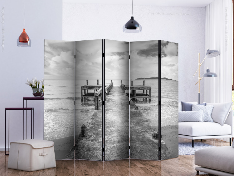 Folding Screen Concrete Pier II (5-piece) - black and white sea and sky in the background 124122 additionalImage 2