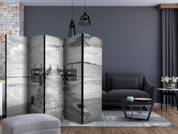 Folding Screen Concrete Pier II (5-piece) - black and white sea and sky in the background 124122 additionalImage 4