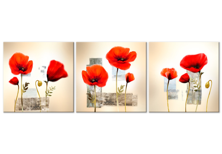 Canvas Art Print Poppy Impression (3-part) - red flowers on an abstract background 128822
