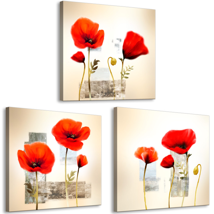Canvas Art Print Poppy Impression (3-part) - red flowers on an abstract background 128822 additionalImage 2