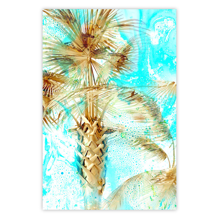 Poster Forbidden Paradise - tropical blue landscape with golden palm trees 131822