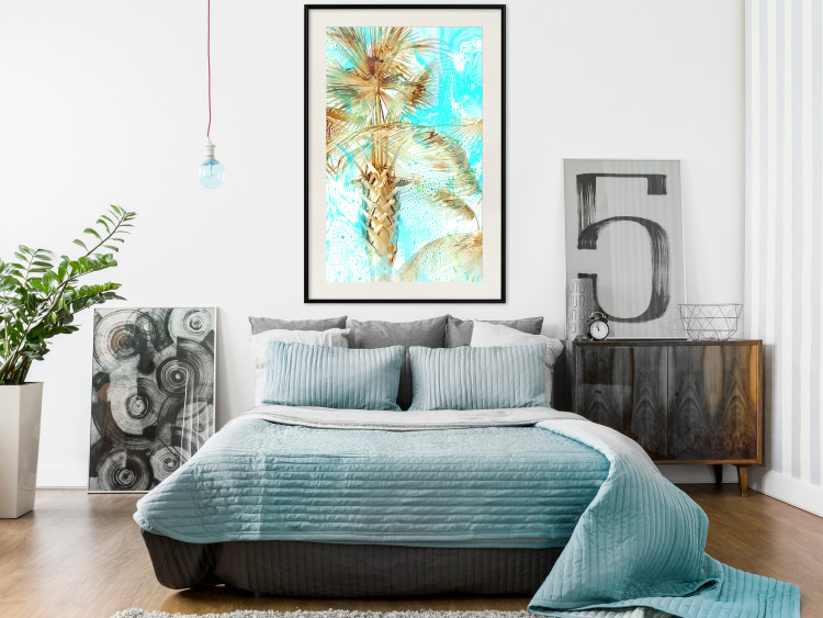 Poster Forbidden Paradise - tropical blue landscape with golden palm trees 131822 additionalImage 16
