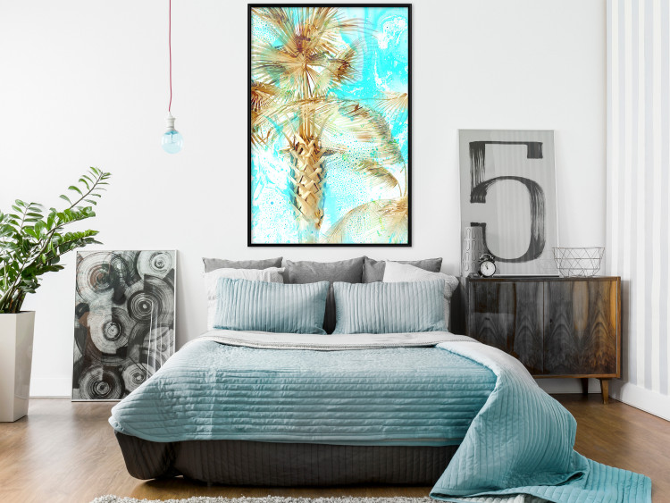 Poster Forbidden Paradise - tropical blue landscape with golden palm trees 131822 additionalImage 6
