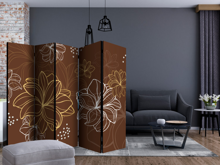Room Divider Screen Autumnal Flora II (5-piece) - white-yellow flowers on a brown background 132622 additionalImage 4