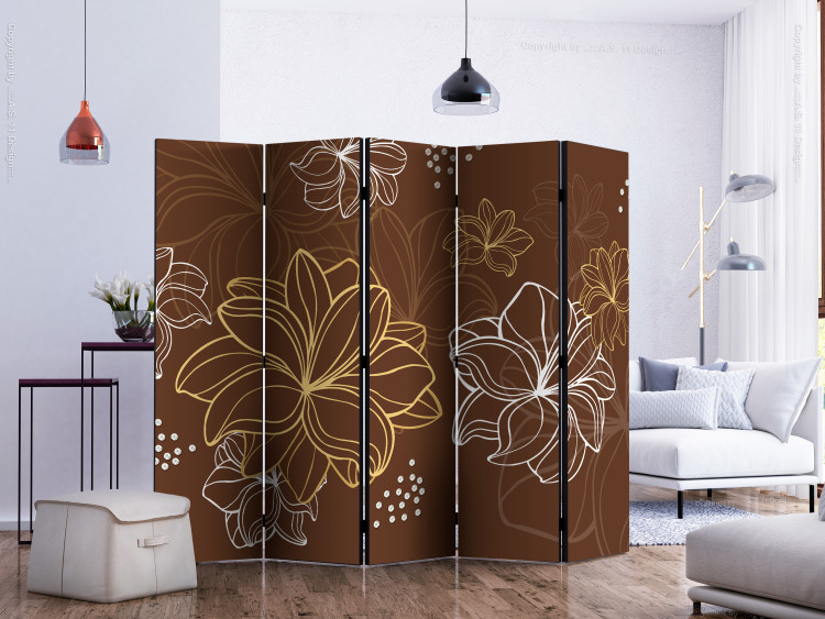 Room Divider Screen Autumnal Flora II (5-piece) - white-yellow flowers on a brown background 132622 additionalImage 2