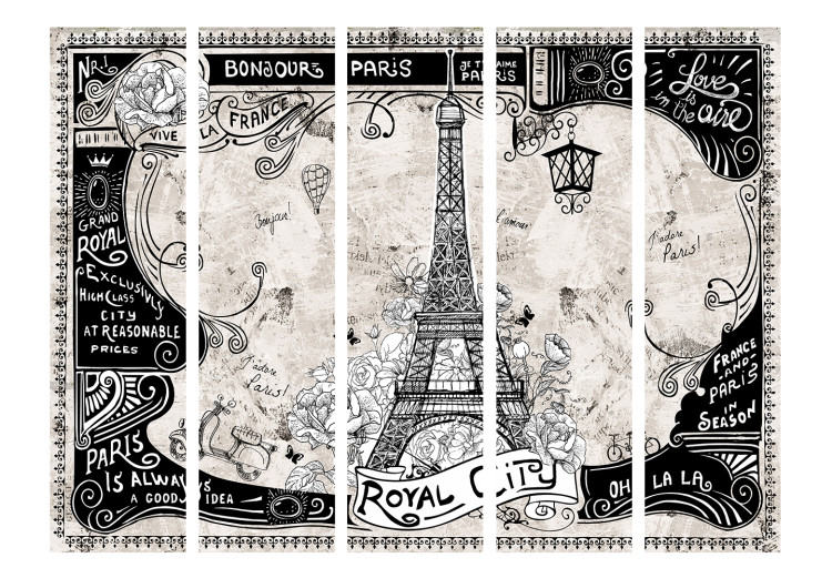 Room Divider Bonjour Paris II (5-piece) - composition with Eiffel Tower and inscriptions 132922 additionalImage 3