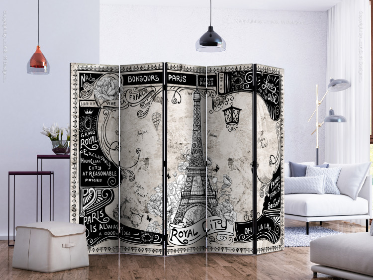 Room Divider Bonjour Paris II (5-piece) - composition with Eiffel Tower and inscriptions 132922 additionalImage 2