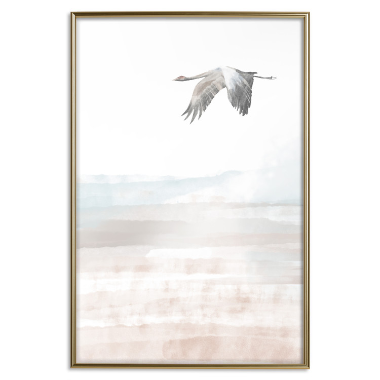 Wall Poster Crane Flight - landscape of a bird flying against a white sky in a watercolor motif 137922 additionalImage 2