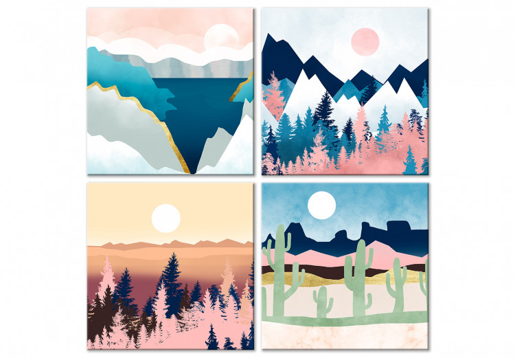Canvas Print Landscape in Four Scenes - Mountains, Forests, Lakes and Desert 146022