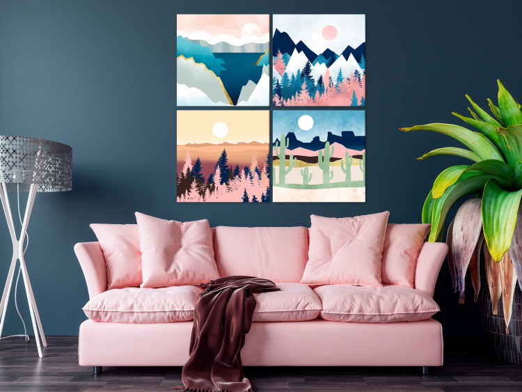 Canvas Print Landscape in Four Scenes - Mountains, Forests, Lakes and Desert 146022 additionalImage 3