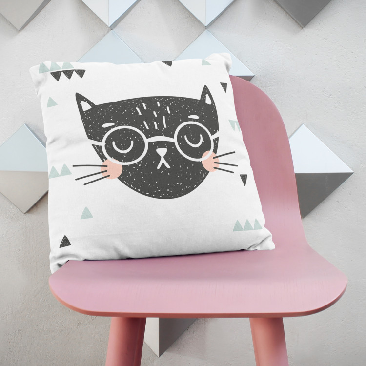 Decorative Microfiber Pillow The face of a cat - animal and triangles on black and white background cushions 147022 additionalImage 2