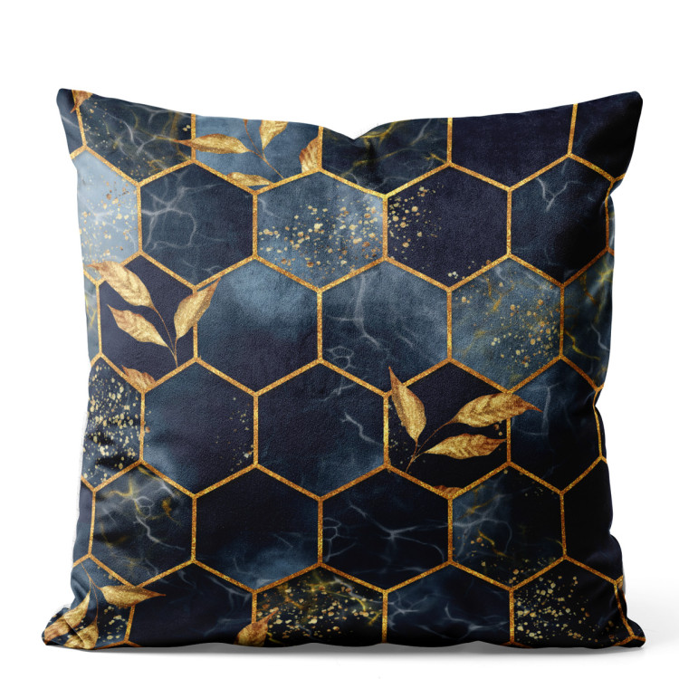 Decorative Velor Pillow Geometry and leaves - composition in shades of blue and gold 147222