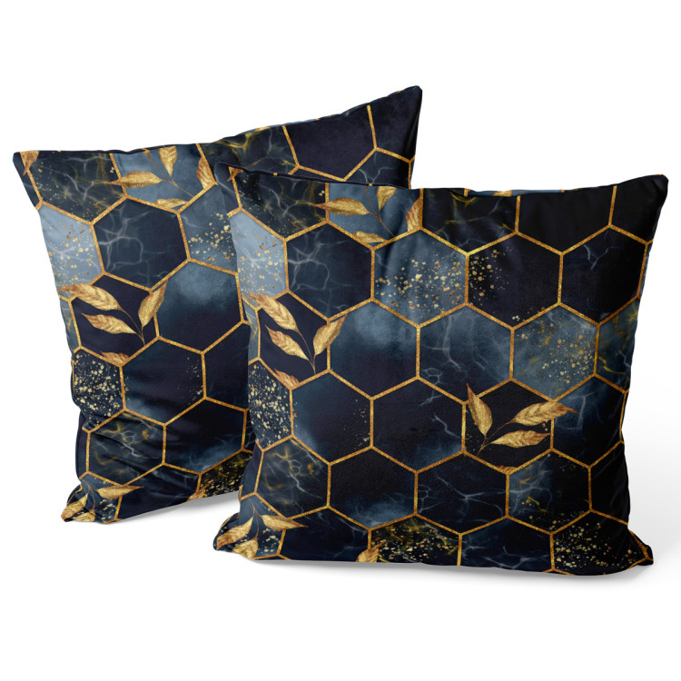 Decorative Velor Pillow Geometry and leaves - composition in shades of blue and gold 147222 additionalImage 3