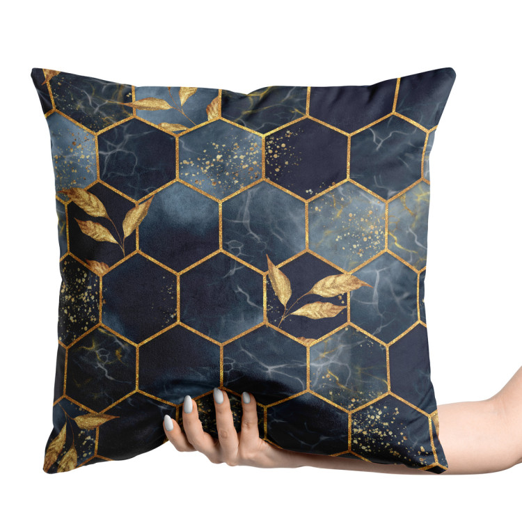 Decorative Velor Pillow Geometry and leaves - composition in shades of blue and gold 147222 additionalImage 2