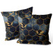 Decorative Velor Pillow Geometry and leaves - composition in shades of blue and gold 147222 additionalThumb 3