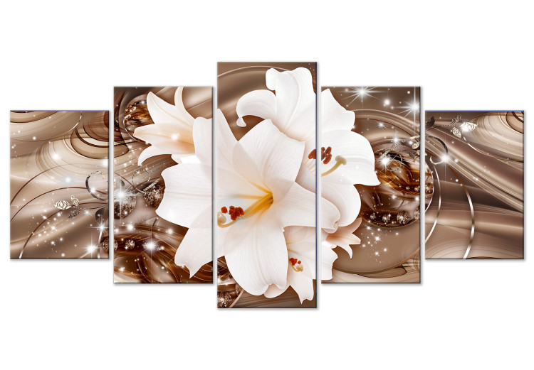 Canvas Art Print Delicate Lilies (5-piece) - composition in flowers and stars in sepia 148922