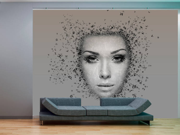 Photo Wallpaper Chase of Thoughts - Gray abstraction of a female face with letters and signs 61222