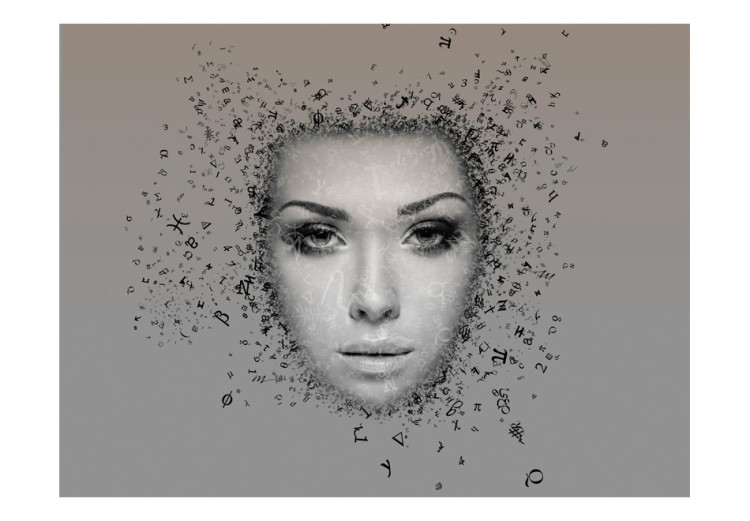 Photo Wallpaper Chase of Thoughts - Gray abstraction of a female face with letters and signs 61222 additionalImage 1