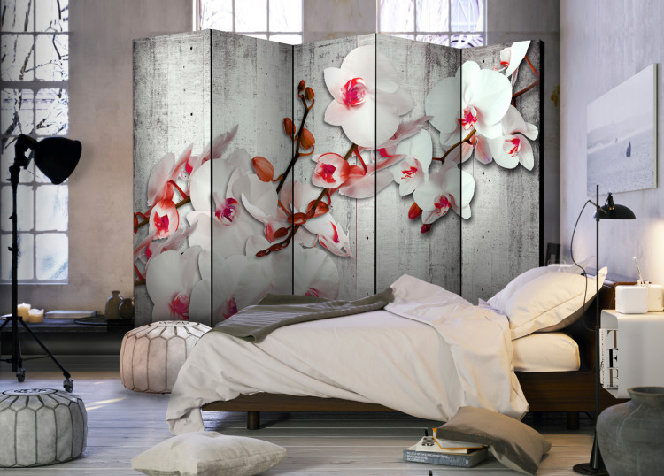 Folding Screen Concrete Orchid II - white-red plants on a concrete texture 95322 additionalImage 2