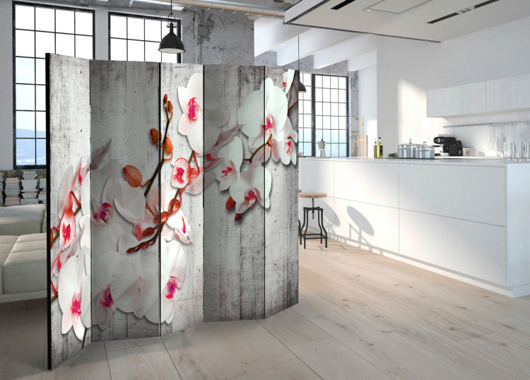 Folding Screen Concrete Orchid II - white-red plants on a concrete texture 95322 additionalImage 4