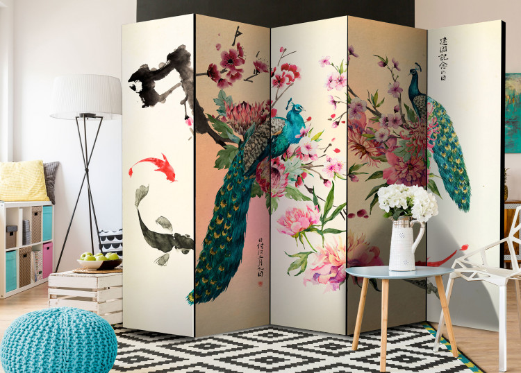 Room Divider Peacock Love II - colorful peacocks among flowers in oriental motif 98222 additionalImage 2