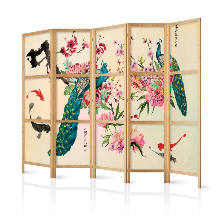 Room Divider Peacock Love II - colorful peacocks among flowers in oriental motif 98222 additionalImage 5