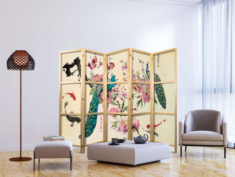 Room Divider Peacock Love II - colorful peacocks among flowers in oriental motif 98222 additionalImage 6