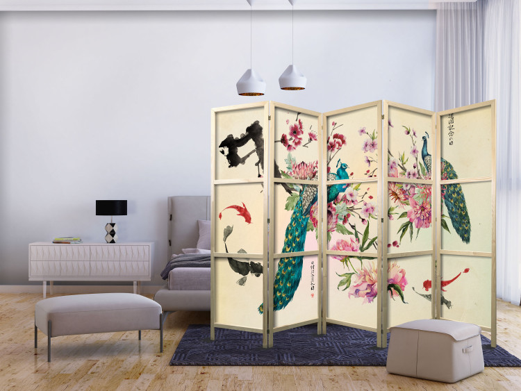 Room Divider Peacock Love II - colorful peacocks among flowers in oriental motif 98222 additionalImage 8