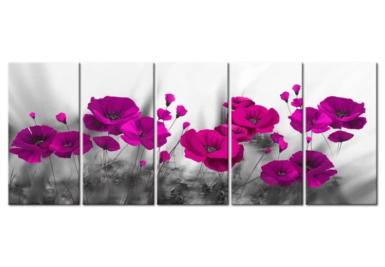 Canvas Wildflowers: Poppies (5-piece) - Gray-Pink Floral Composition 98622