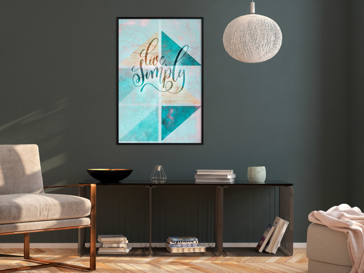 Wall Poster Live simply - English text on a blue background with wooden pieces 114332 additionalImage 3