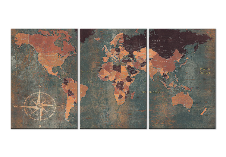 Canvas Art Print Vintage World Map (3 Parts) Green 118932
