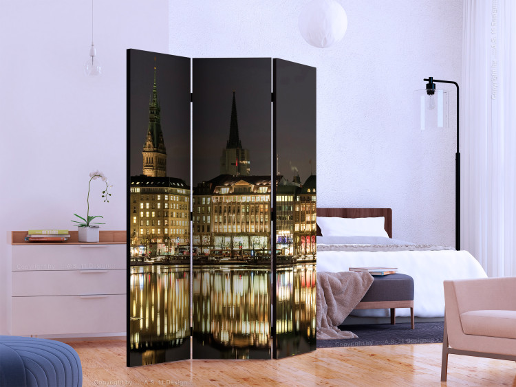 Room Separator Night in Hamburg (3-piece) - city lights reflecting on water 124232 additionalImage 2
