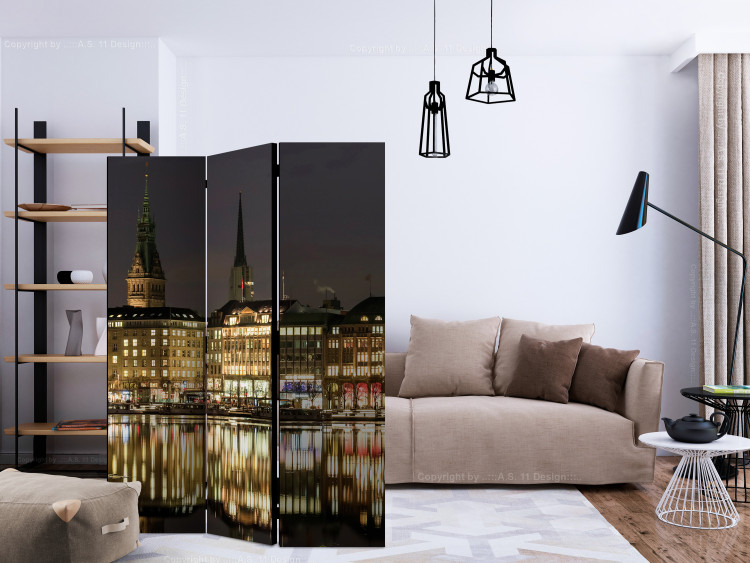 Room Separator Night in Hamburg (3-piece) - city lights reflecting on water 124232 additionalImage 4