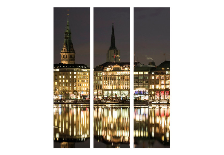 Room Separator Night in Hamburg (3-piece) - city lights reflecting on water 124232 additionalImage 3