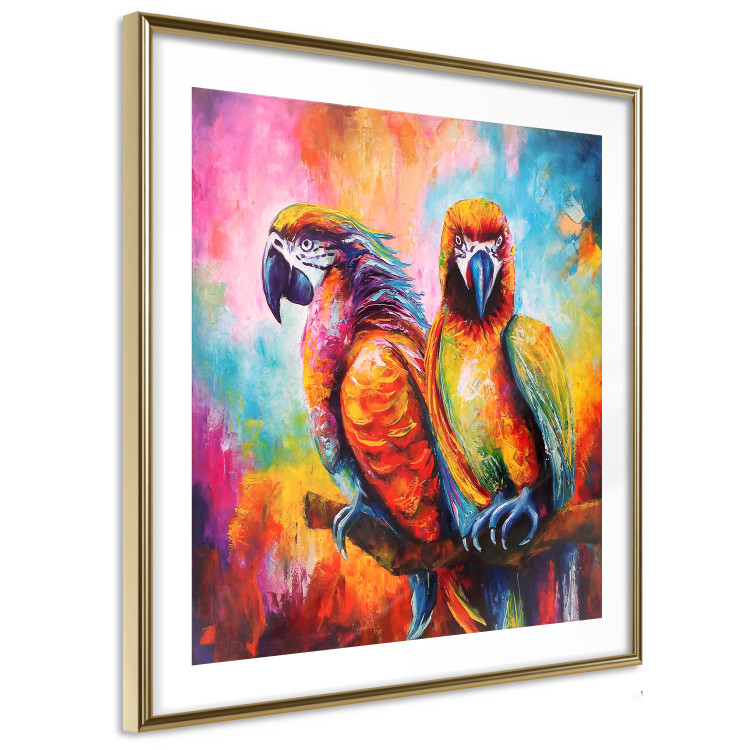 Poster Colorful Parrots - parrots on a tree against a background of abstract colors 127032 additionalImage 7