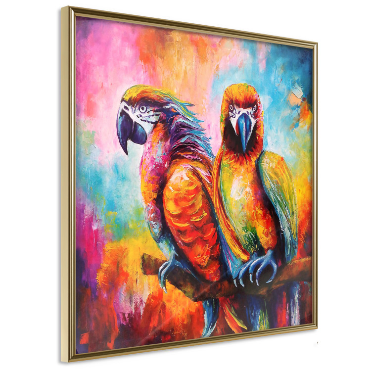 Poster Colorful Parrots - parrots on a tree against a background of abstract colors 127032 additionalImage 12