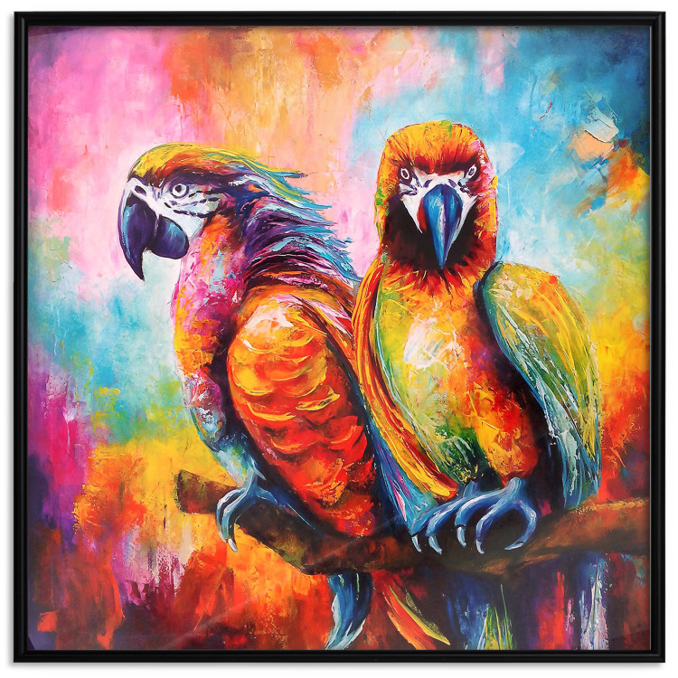 Poster Colorful Parrots - parrots on a tree against a background of abstract colors 127032 additionalImage 16