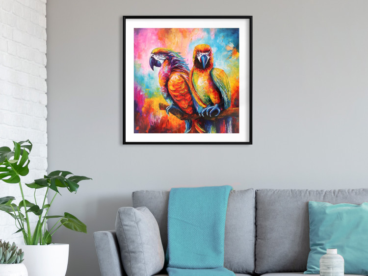 Poster Colorful Parrots - parrots on a tree against a background of abstract colors 127032 additionalImage 18