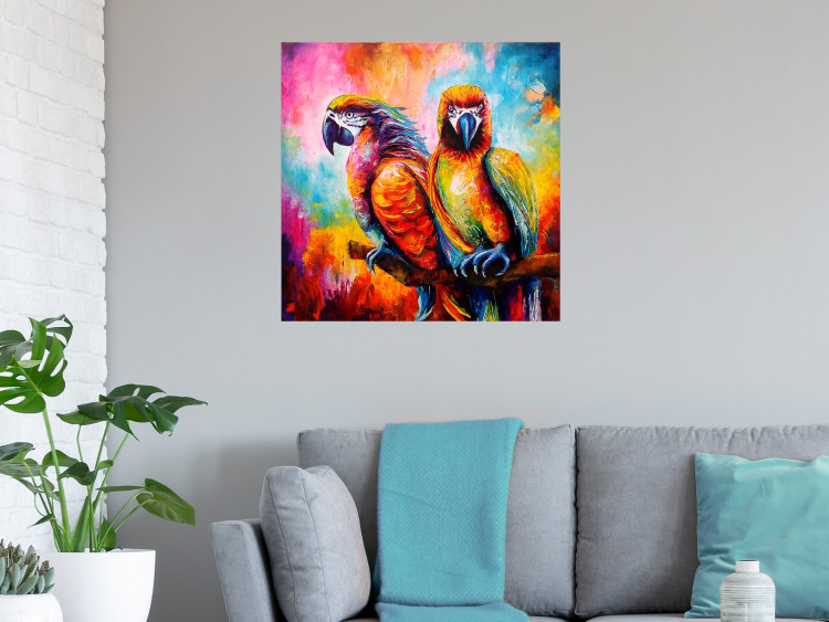Poster Colorful Parrots - parrots on a tree against a background of abstract colors 127032 additionalImage 2