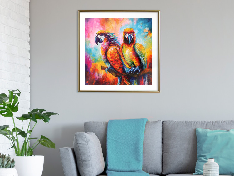 Poster Colorful Parrots - parrots on a tree against a background of abstract colors 127032 additionalImage 13